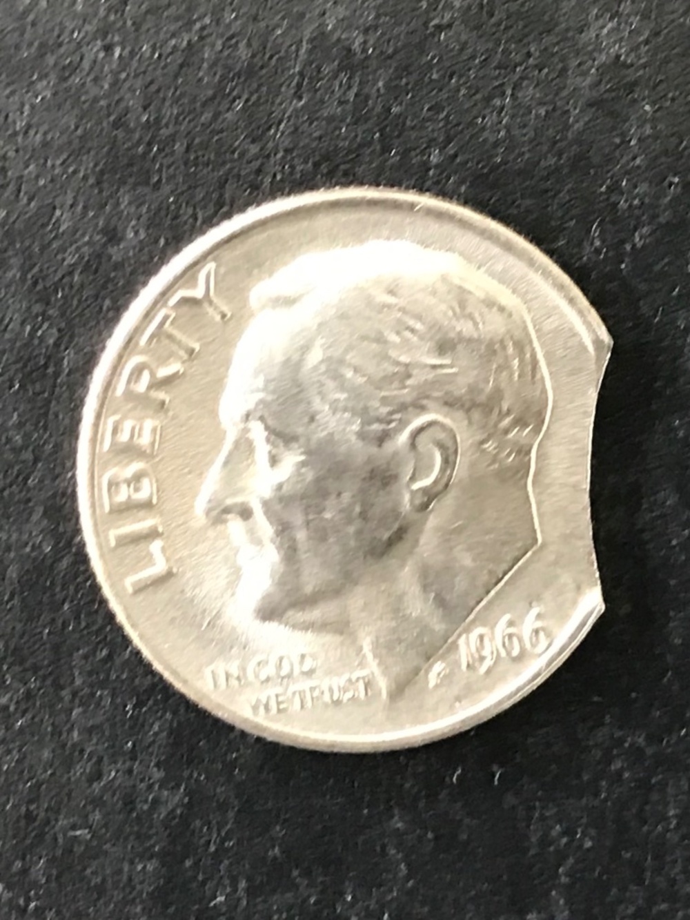 1966 P Roosevelt Dime, Clipped Planchet Error - Fine Circ. Condition